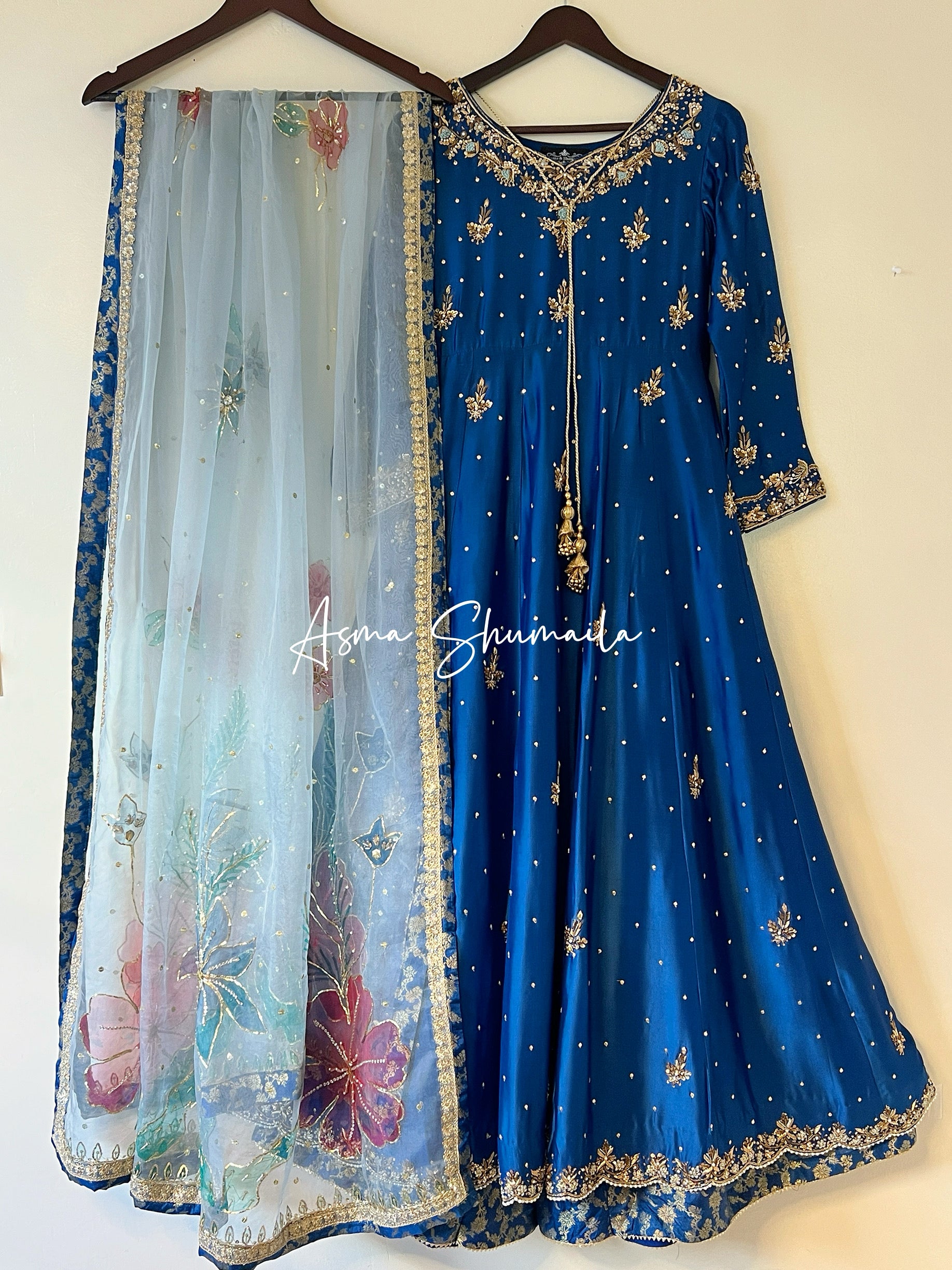blue kalidaar with Hand painted dupatta
