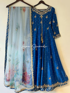 blue kalidaar with Hand painted dupatta