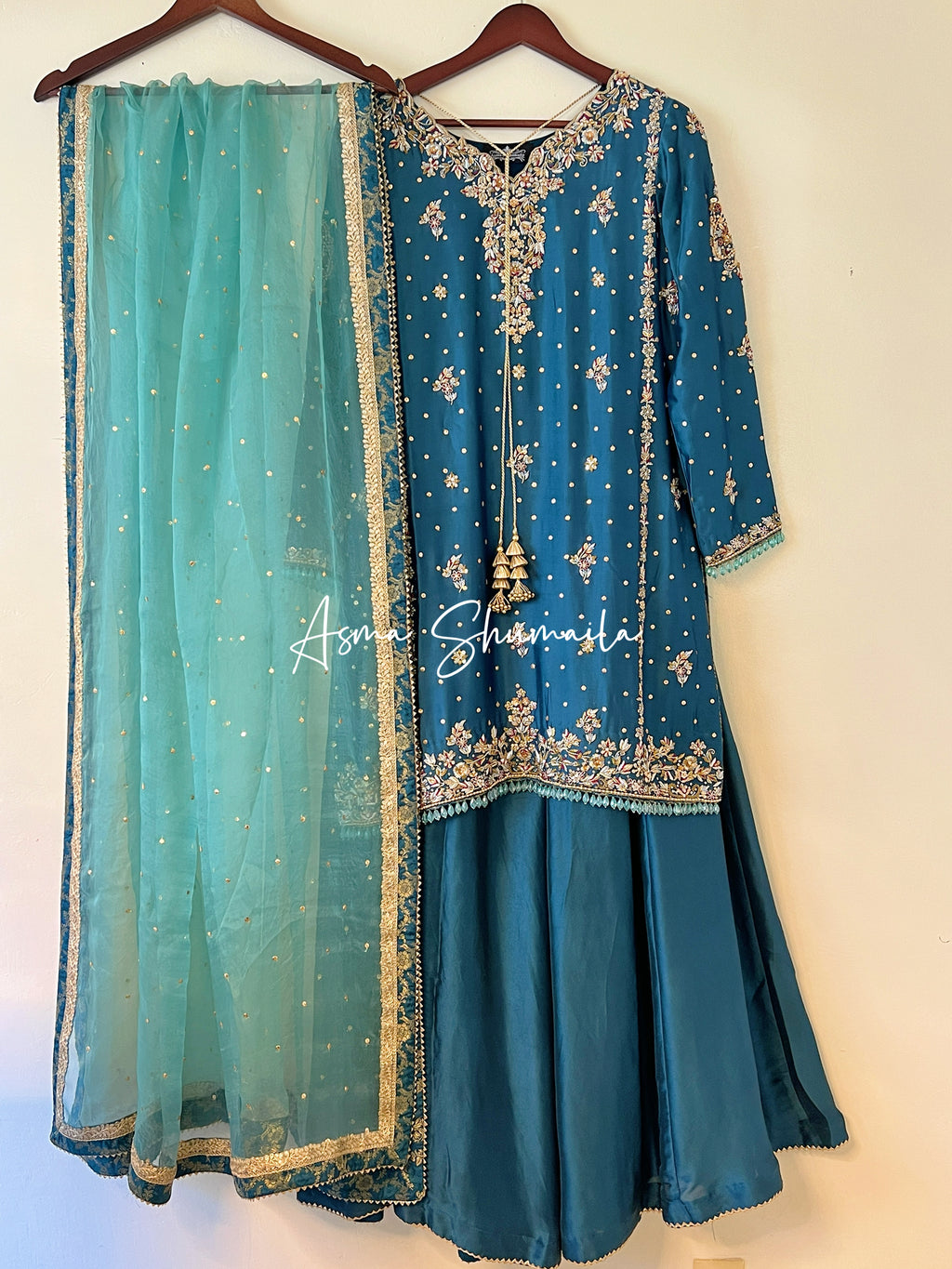 Blue glass silk with Dhaka pajama
