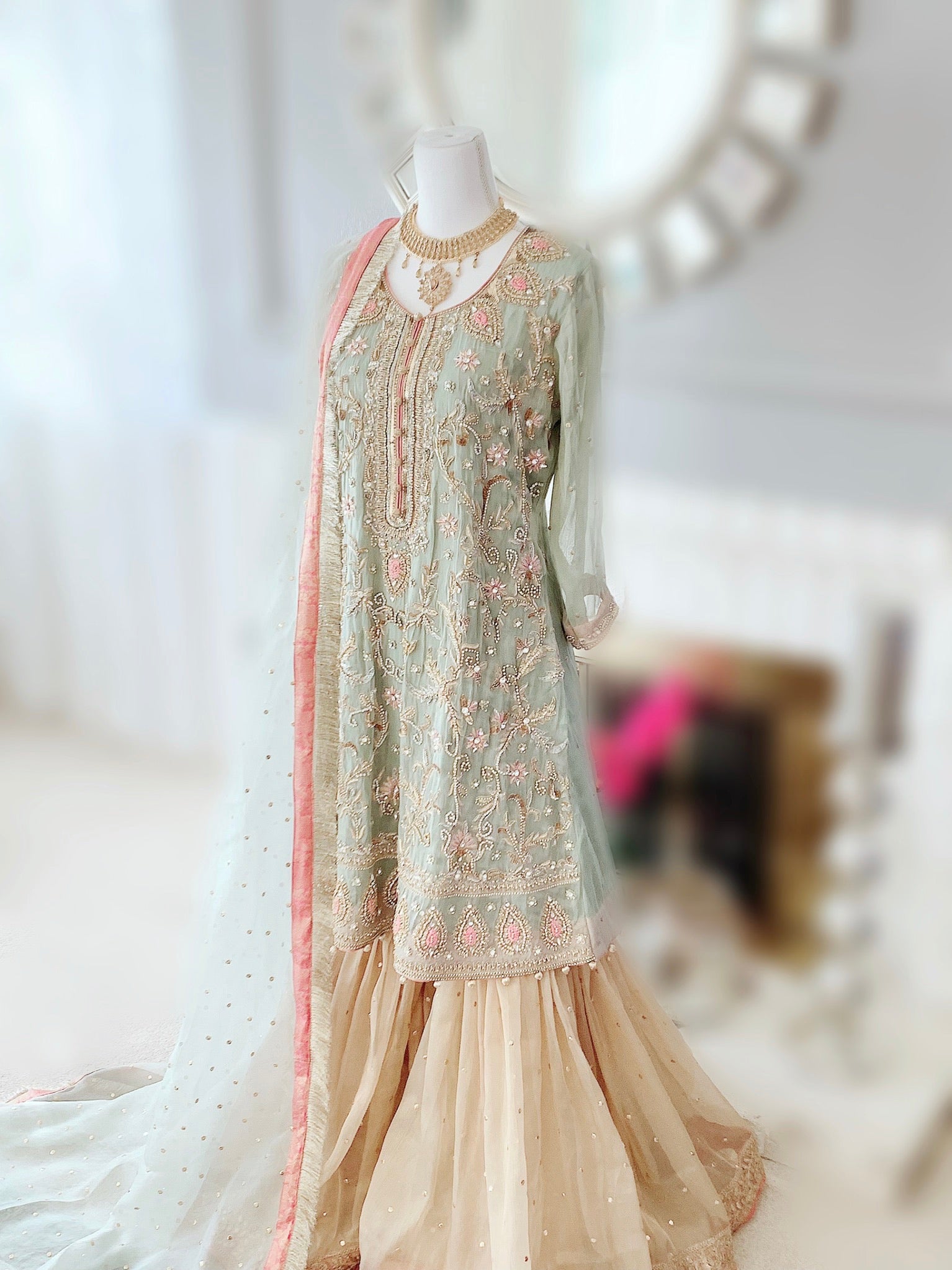 mint green pakistani wedding dress Mint Green Chiffon Embroidered Salwar Kameez: Pakistani Indian Wedding Guest Outfit Eid Partywear