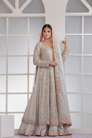 silver color pakistani dresses Pakistani Bridal Gown Fine Attire Bridal Boutique Silver Grey Lehenga Gown For Pakistani Bridal Wear