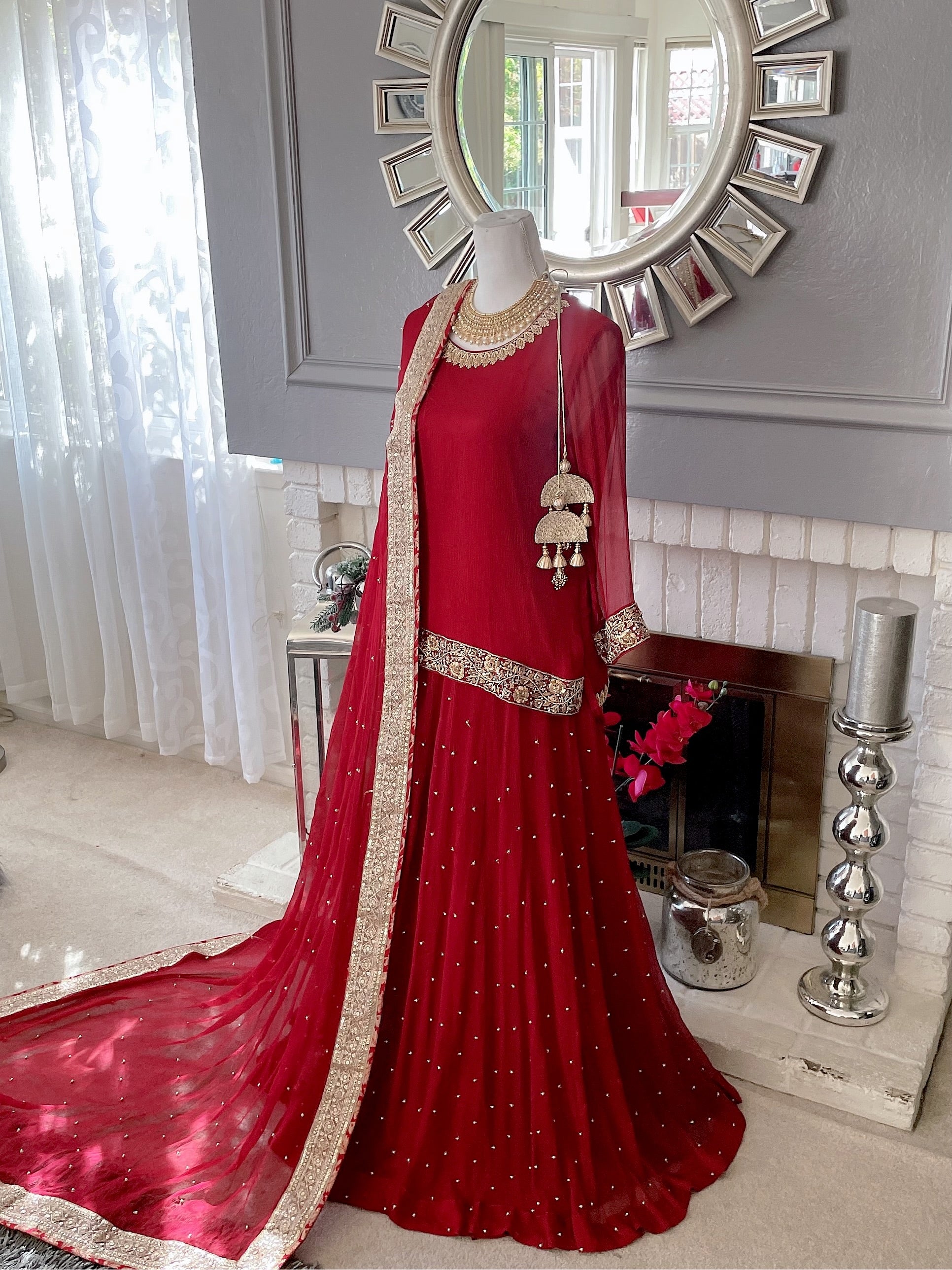 red sharara dress Off-Shoulder Red Sharara Set